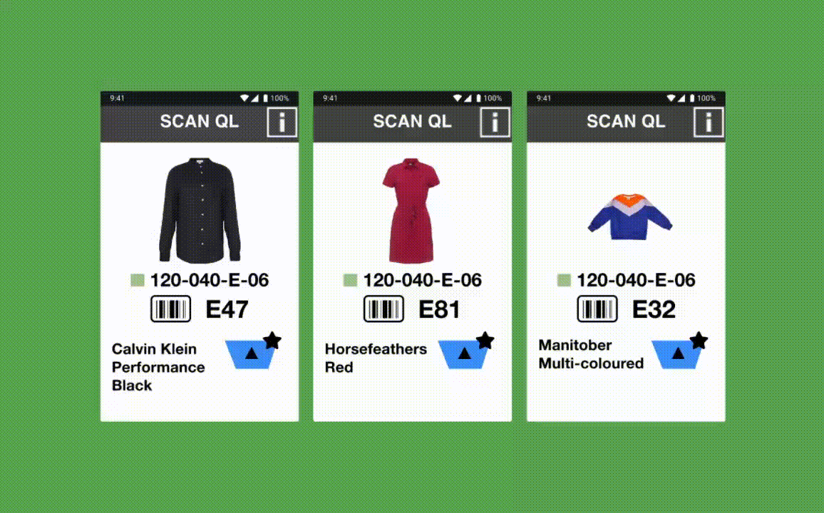 Mobile app interface showing scanned item list with codes and images of a black shirt, red dress, and multicolored sweater.