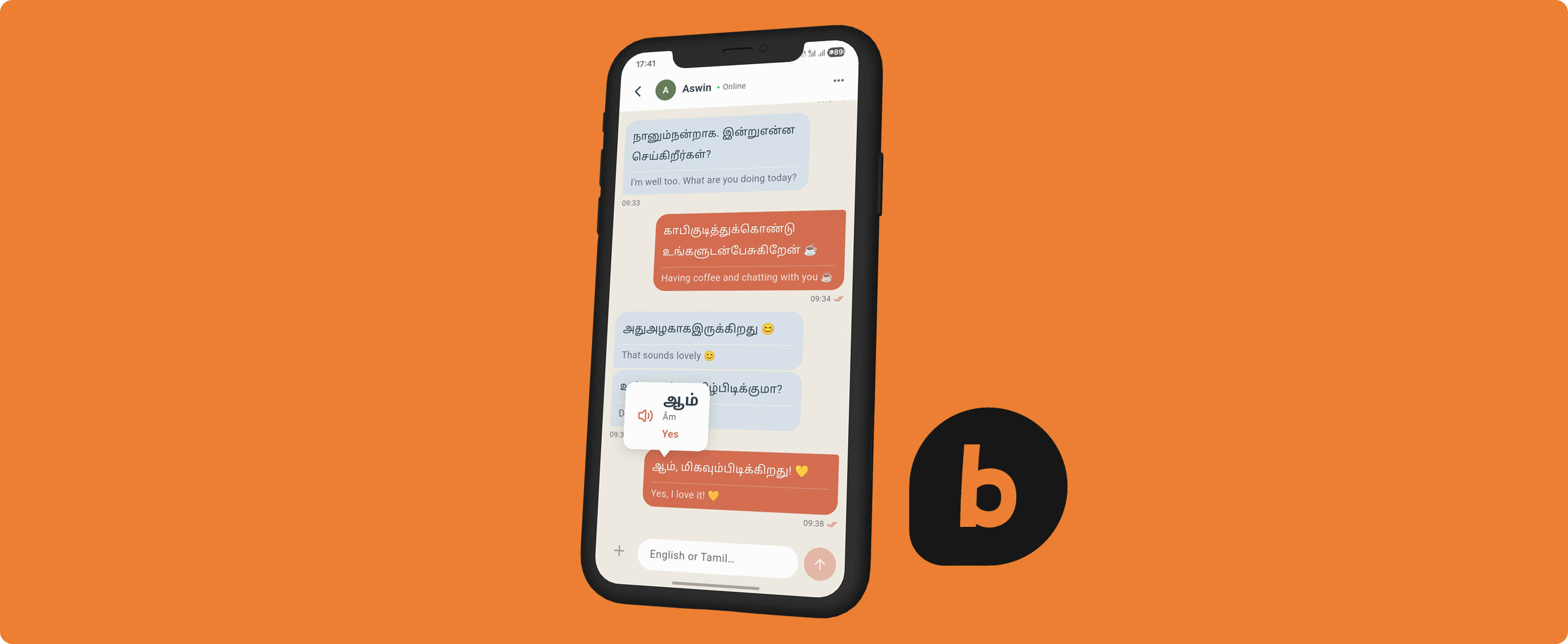 Blab chat app cover with a tilted phone mockup and Blab logo on an orange background.