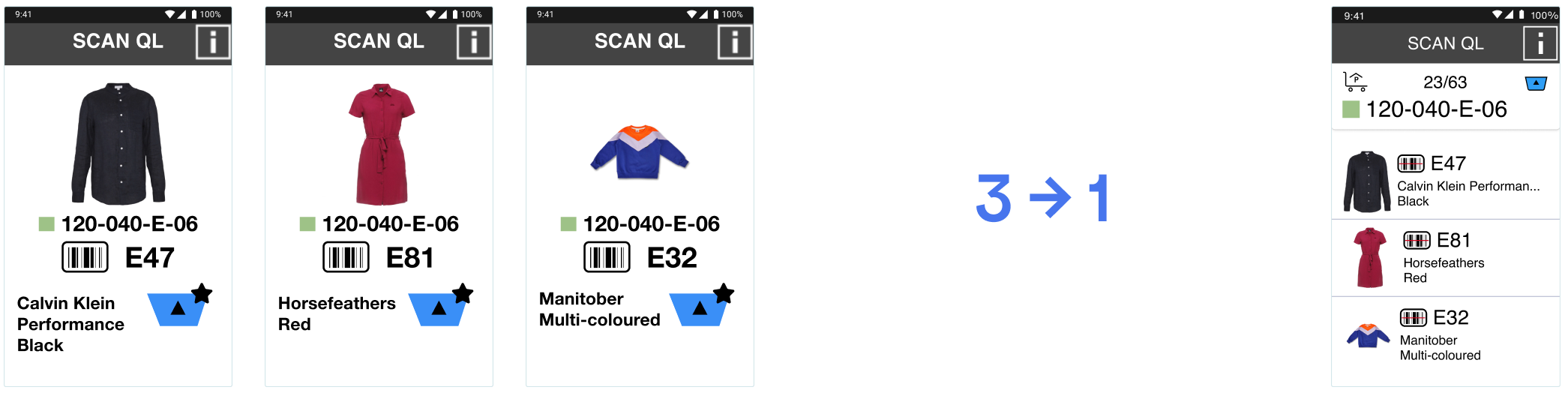 Three clothing items with codes and details on a scanning app interface shown separately, combined into one list view on mobile screen, depicting a black Calvin Klein shirt, red Horsefeathers dress, and a multicolored Manitober sweater.